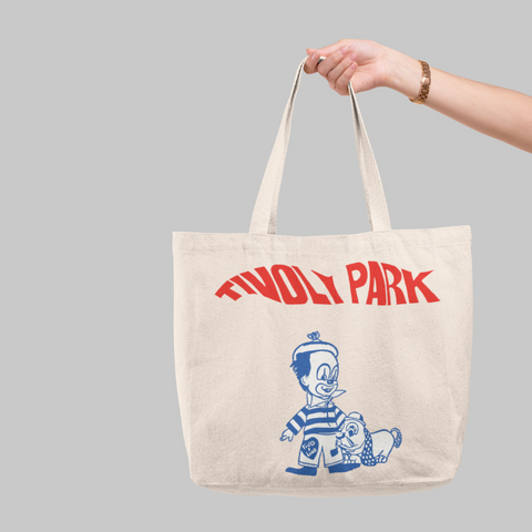 Bolsa de algodão cru com estampa do logo do Tivoli Park em vermelho e os personagens Tivo e Lino em azul e cinza claro ,abaixo do logo