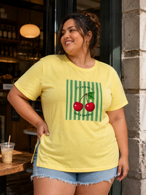 Remera Cereza | Talle Especial | Tajos al Costado | Cuello Redondo