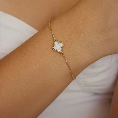 Pulseira Trevo - Branco - Banhado Ouro 18k - Antialérgico