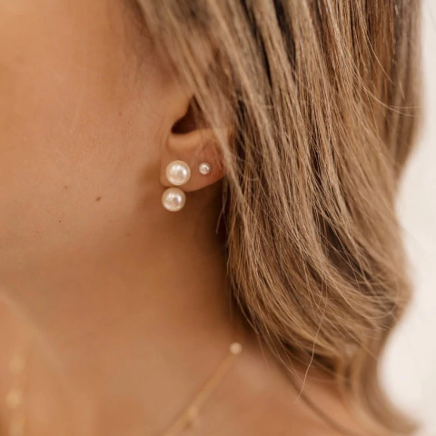 Brinco Ear Jacket 2 Perolas- Banhado Prata 925 - Antialérgico