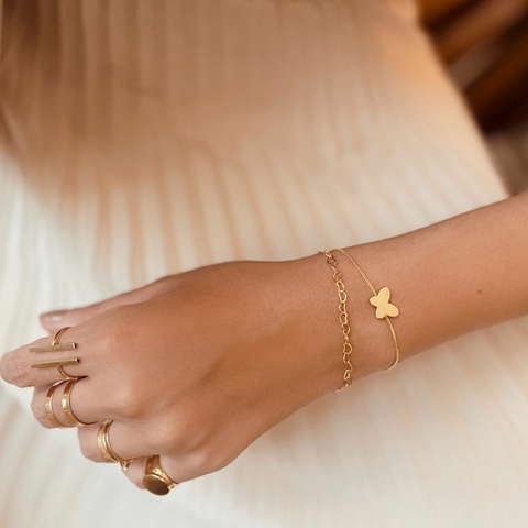 Pulseira Dupla Borboleta - Banhado Ouro 18k - Antialérgico