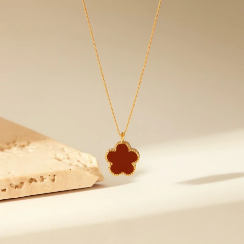 Colar Trevo - Marrom - Banhado Ouro 18k - Antialérgico