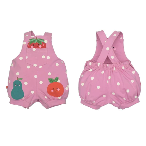 Jardineira Molecottom Bebê Menina Rosa Frutas Eliza