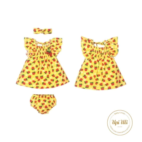 Vestido Com Calcinha Bebê Menina Amarelo Isadora Morangos