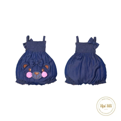 Banho De Sol Bebê Menina Suspensório Azul Maya Jeans Ursinha