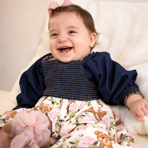 Vestido Bebê Menina Jeans Floral Ursinha Delicado Upi Uli