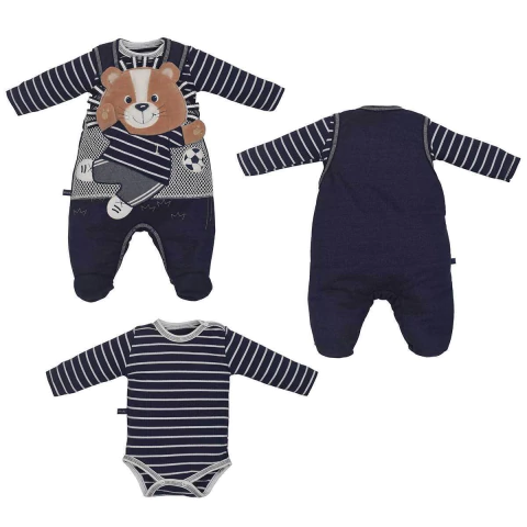 Jardineira Com Body Manga Longa Bebê Menino Listrado Upi Uli