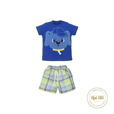 Conjunto Bebê Menino Azul Xadrez Suedine Samuel Cachorrinho
