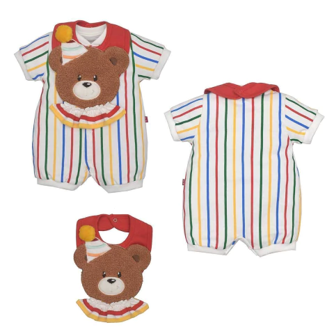 Conjunto Macaquinho Com Babador Bebê Suedine Marfim Ursinho