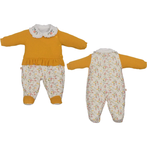 Macacão Pezinho Manga Longa Bebê Menina Floral Amarelo Isis