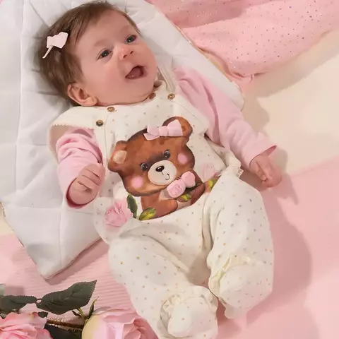 Macacão Bebê Menina Manga Longa Ursinha Marfim Rosa Upi Uli