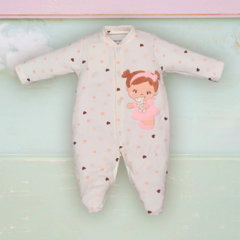Macacão Molecotton Bebê Menina Poá e Coração Marfim Upi Uli