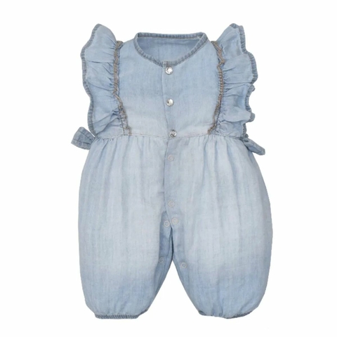 Macacão De Bebê Menina Jeans Com Manga de Babados Pérola