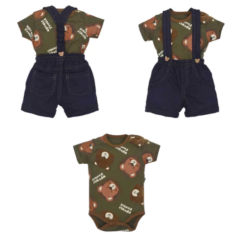 Body E Shorts Suspensório Bebê Menino Estampado Azul Upi Uli