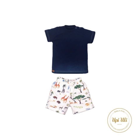Conjunto Bebê Menino Camiseta Short Azul Marinho Cauã Safari