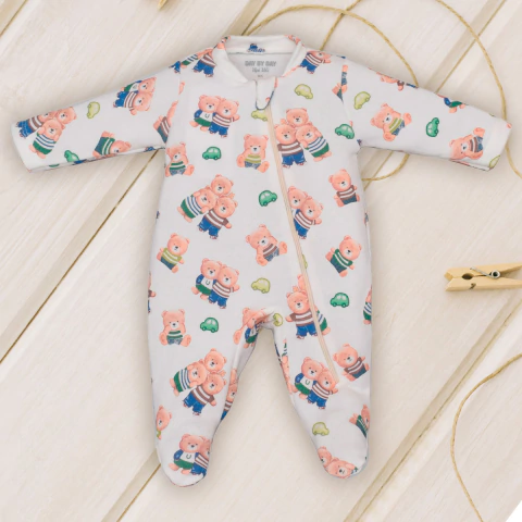 Macacão Moletom Bebê Menino Sem Felpa Estampa Ursos Upi Uli