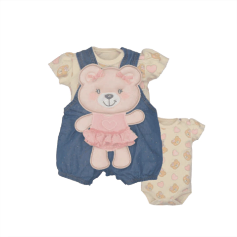 Banho De Sol Com Body Bebê Menina Azul Mariana Jeans Ursinho