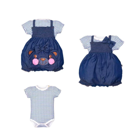 Banho De Sol Com Body Bebê Menina Azul Maya Ursinha Listrado