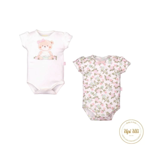Kit Body Bebê Menina Suedine Bordado Ursinha Floral Upi Uli