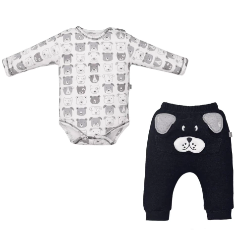 Conjunto Body Manga Longa Com Culote Bebê Menino Marfim Dogs