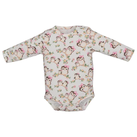 Body Basic Bebê Menina Manga Longa Marfim Leda Corujinha