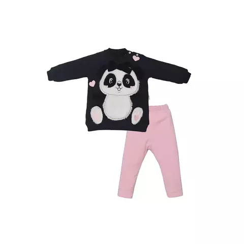 Conjunto Bebê Menina Pandinha Longo Preto e Rosa Upi Uli