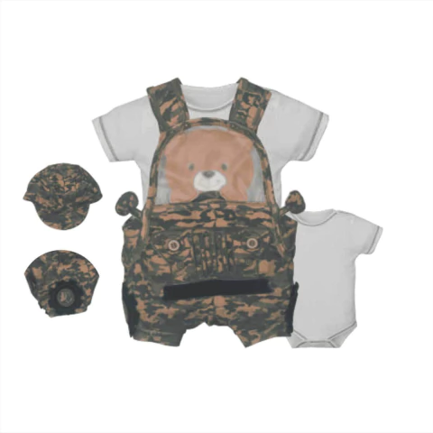 Banho De Sol Bebê Com Body E Boné Verde Militar João Vitor