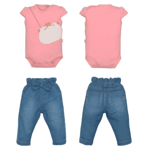 Conjunto Body Rosa Com Culote Jeans Bebê Menina Suzana