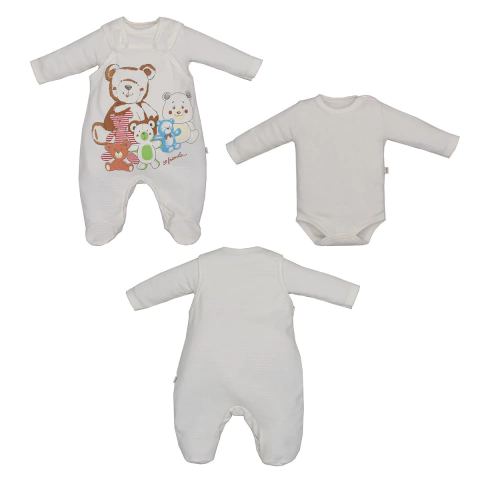 Jardineira Com Body Ribana Malha Suedine Bebê Ursos Marfim