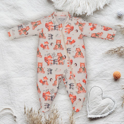 Macacão Molecotton Bebê Menino Estampa Raposas Marfim Upi Uli