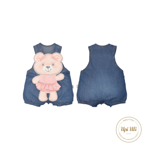 Banho De Sol Bebê Menina Azul Mariana Jeans Ursinho Rosa