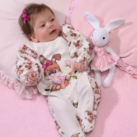 Macacão Bebê Menina Manga Longa Coelhinhos Marfim Upi Uli