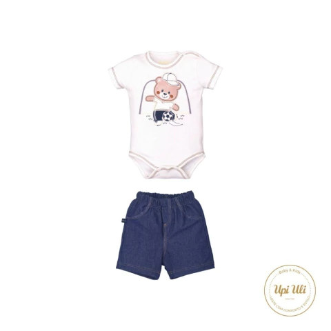 Body Com Shorts Bebê Menino Jeans Estampado Ursinho Upi Uli
