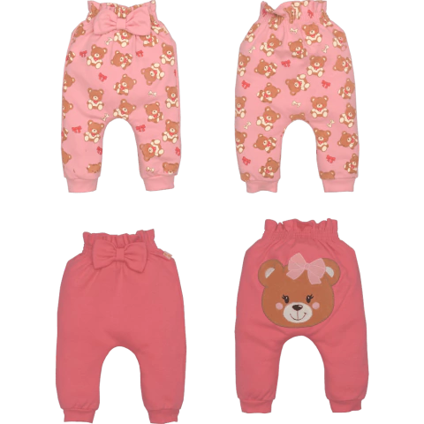 Kit 2 Culote Bebê Menina Rosa Ursinho Estampado Laço Upi Uli
