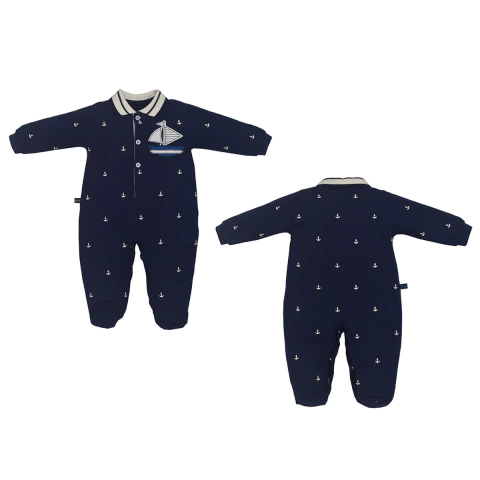 Macacão Bebê Pique Premium Azul Marinho Barco Alto Relevo