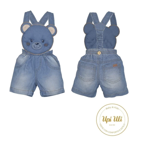 Jardineira Jeans Bebê Menino Ursinho Alto Relevo Chay Azul