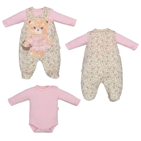 Macacão Bebê Menina Com Body Manga Longa Caroline Rosa Urso