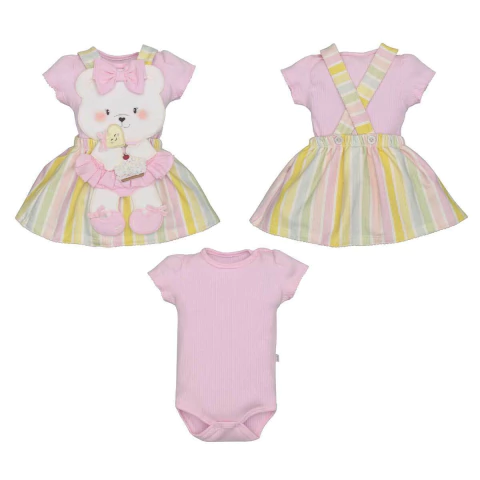 Conjunto Vestido Body Canelado Bebê Menina Laura Rosa
