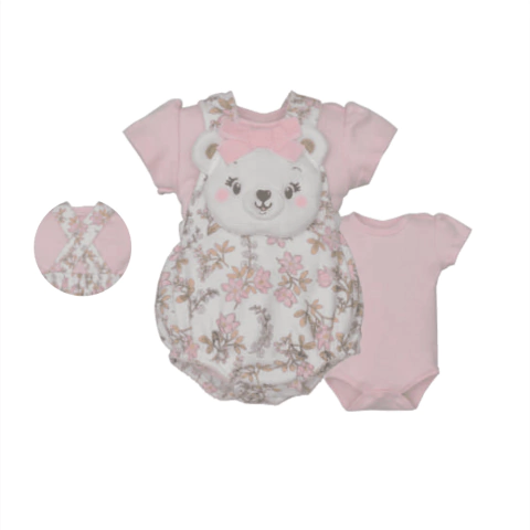 Banho De Sol Com Body Bebê Menina Rosa Lisa Floral Ursinho