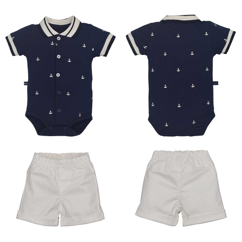 Conjunto Body Shorts Azul Marinho Branco Bebê Menino Talles
