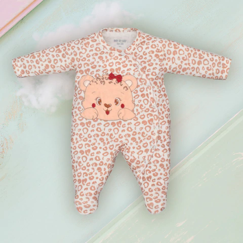 Macacão Manga Longa Suedine Bebê Menina Onça Marfim Upi Uli
