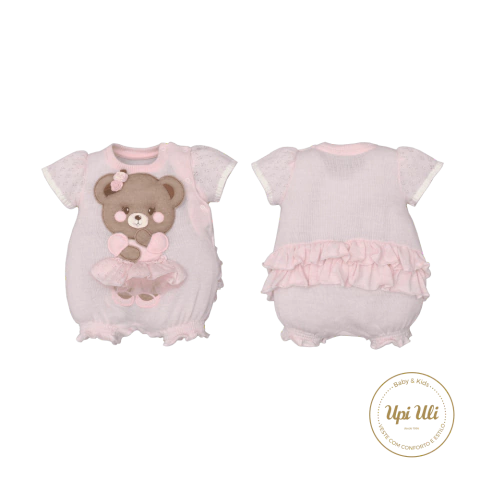 Macaquinho De Bebê Menina Rosa Babado Telma Plush Ursinha