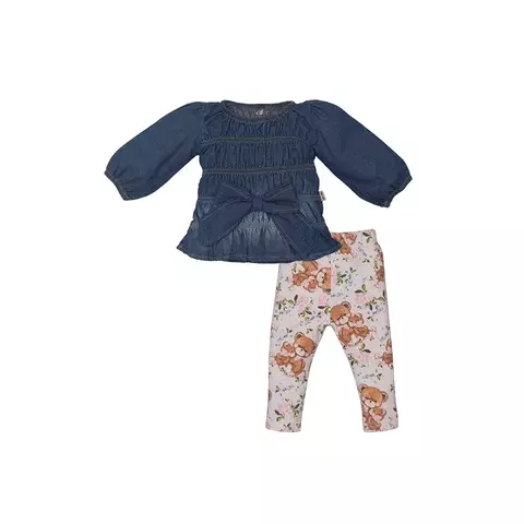 Conjunto Bebê Menina Blusa Calça Jeans Laço Azul Upi Uli