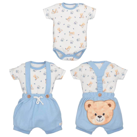 Conjunto Body Com Shorts Suspensório Bebê Menino Chay Azul