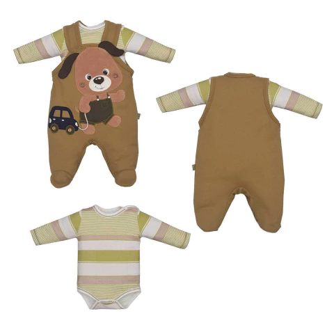 Conjunto Bebê Menino Jardineira Com Body Dylan Cachorro Bege