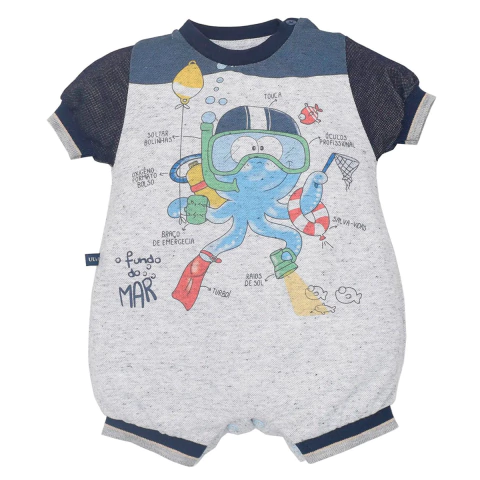 Macaquinho Manga Curta Bebê Menino Suedine Estampado Upi Uli