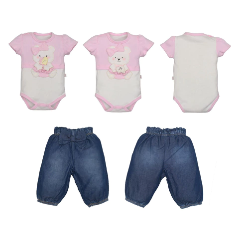 Conjunto Body Rosa Canelado Culote Jeans Bebê Menina Laura