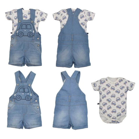 Jardineira Jeans Com Body Bebê Menino Estampado Azul Upi Uli