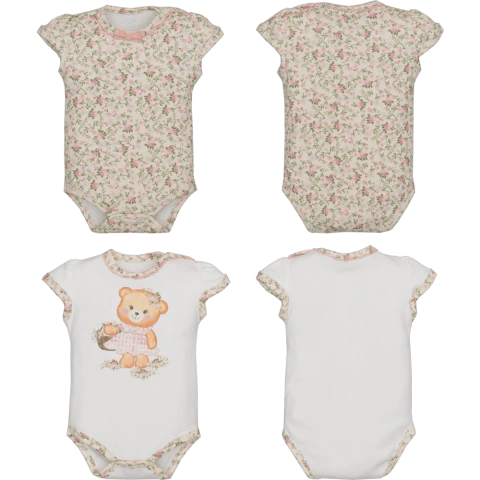 Kit Body Bebê Menina 2 Peças Caroline Marfim Ursinha Rosa
