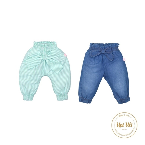 Kit Culote Bebê Menina Jeans Liso Laço Upi Uli
